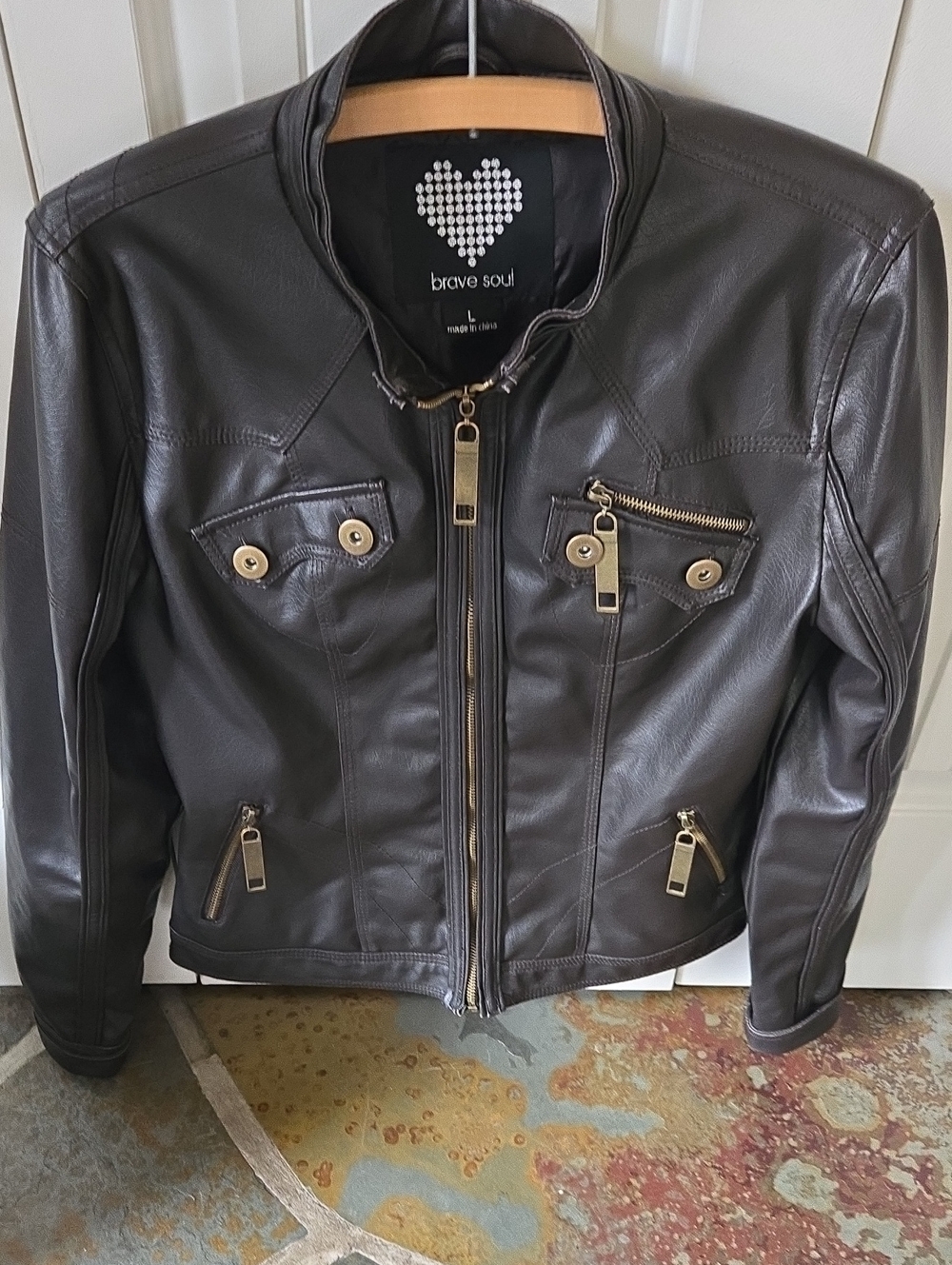Brave Soul Women's Dark Brown Faux Leather Biker Jacket ,med